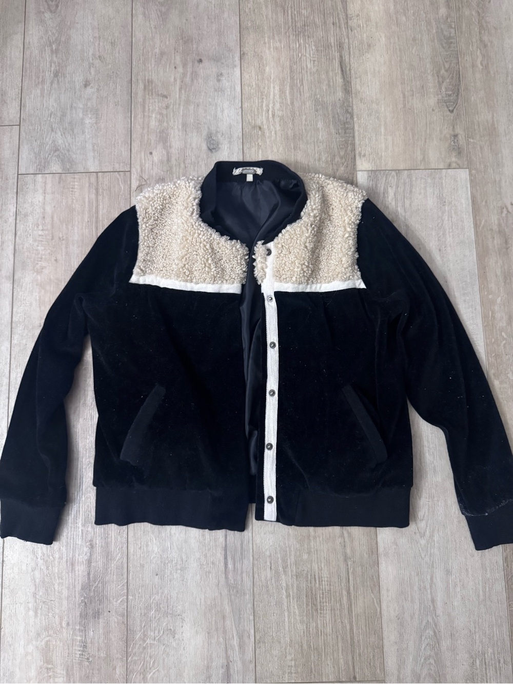 Buckle Black Bomber Jacket with Cream Sherpa Yoke Trim